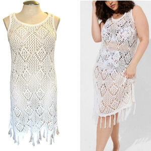 New Torrid Plus Size 1 (1X) Ivory Crochet Fringe Trim Beach‎ Cover Up Tank Dress